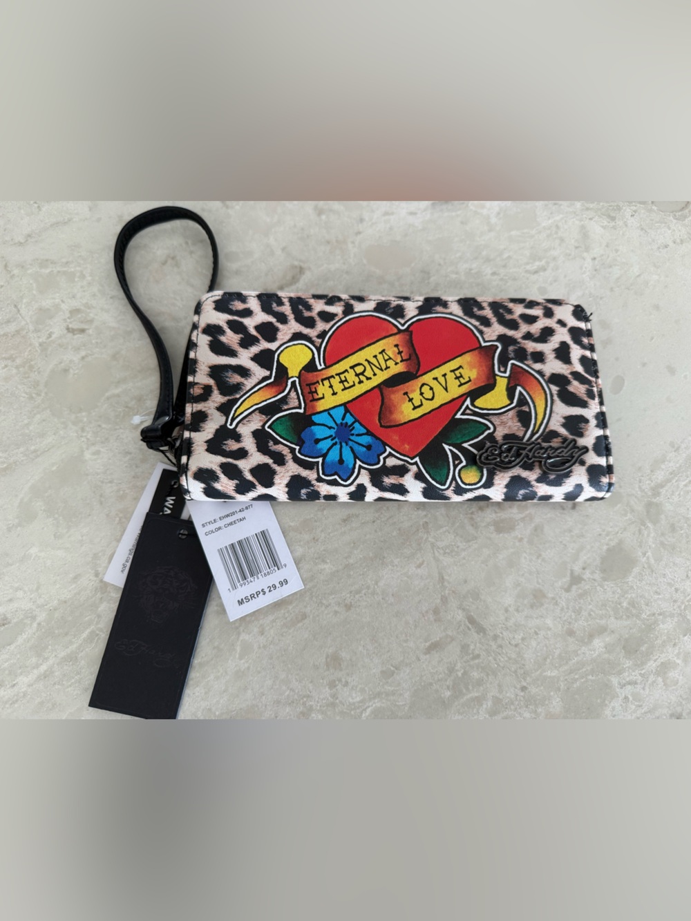 Ed Hardy Eternal Love Cheetah Leopard Print Zip Around Wristlet Wallet NWT